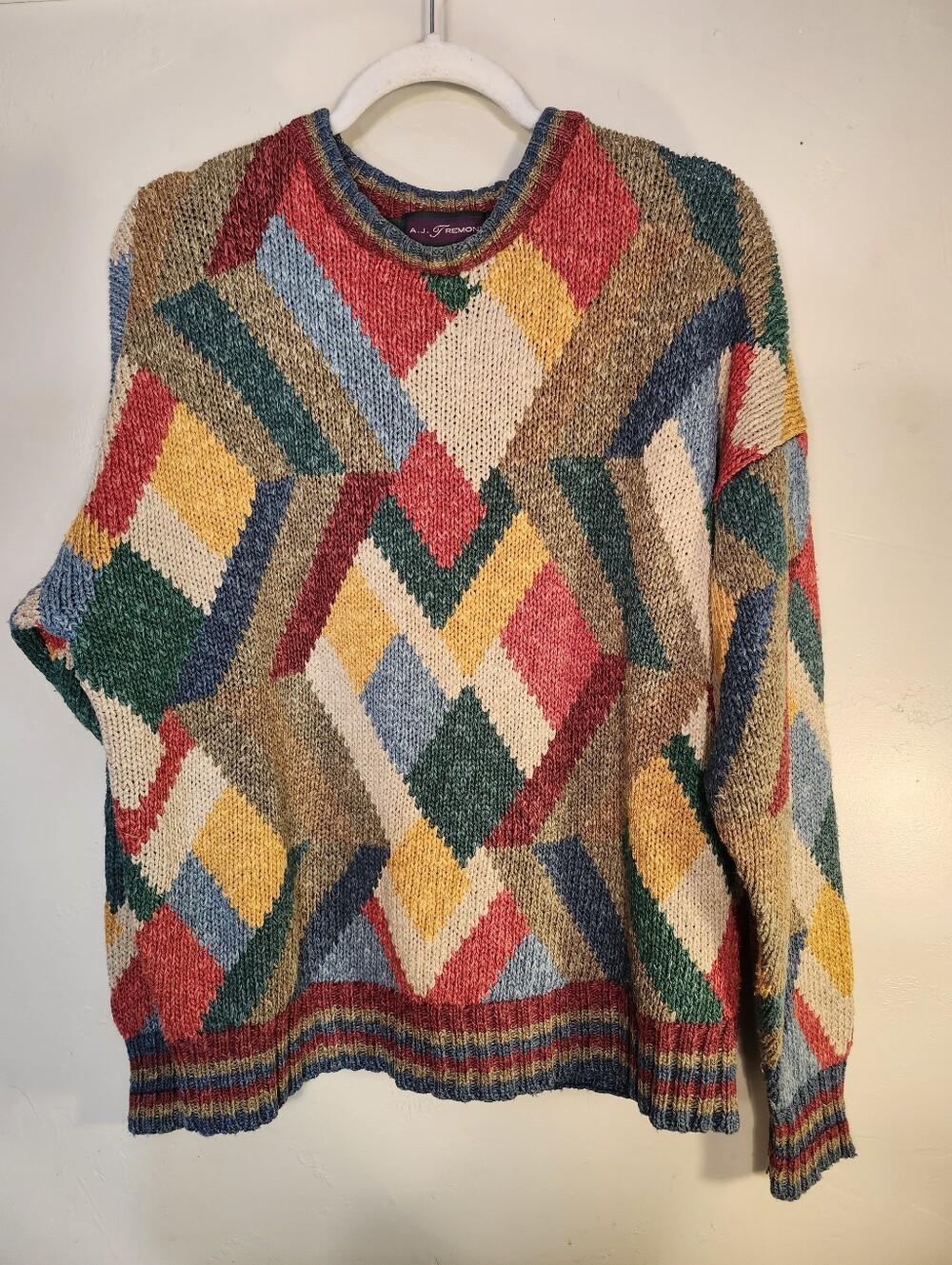 Silk/Cotton Blend Multicolor Geometric Crewneck Sweater Teal,Mustard,Red Men's
